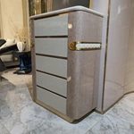 Marble-Top Sideboard Cabinet with Five Fluted Drawers, Rounded Light Wood Veneer Frame, and Brass Accent Details